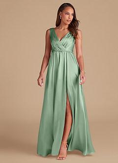 Azazie Tanicia Bridesmaid Dresses Matcha A-Line Pleated Metallic Satin Dress image3