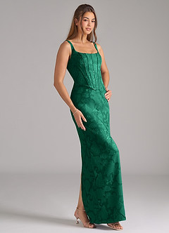 Azazie Kenna Bridesmaid Dresses Emerald Sheath Side Slit Floral Burnout Dress image4