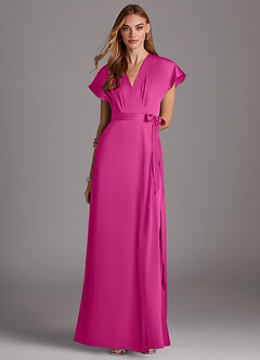 Azazie Nico Bridesmaid Dresses Fuchsia A-Line V-Neck Stretch Satin Dress image1