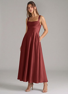Azazie Shaude Bridesmaid Dresses Terracotta A-Line Pleated Stretch Satin Dress image5