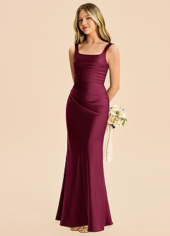 Azazie Agustina Junior Burgundy Sheath Pleated Stretch Satin Dress image1