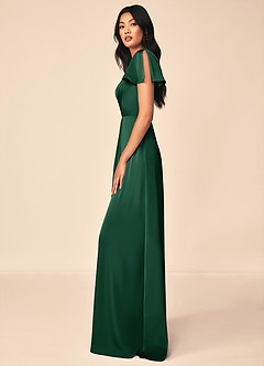 Azazie Soren Bridesmaid Dresses Dark Green A-Line Pleated Stretch Satin Dress image3