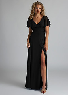 Azazie Induh Bridesmaid Dresses Black A-Line Flutter V-neck Mesh Dress image2