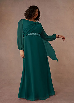 Azazie Priyanka Mère de la mariée Robes Robe Trapèze en Mousseline de soie Col bateau plissé Paon image7