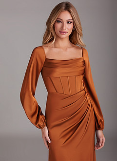 Azazie Charissa Bridesmaid Dresses Cinnamon Sheath Long Sleeve Stretch Satin Dress image7