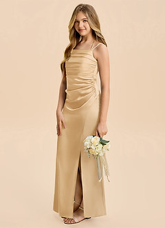 Azazie Nova Junior Gold A-Line Pleated Stretch Satin Dress image4