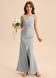 Azazie Madelyn Junior Jurk van Stretch Satijn met Kolom Off the Shoulder Zilver image1