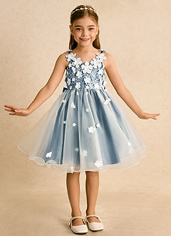 Azazie Junebug Robe Demoiselle D'honneur Fillette Robe Princesse en Tulle Dentelle Ivoire Bleu Bermudes image3