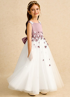 Azazie Eleni Blumenmädchenkleider Ballkleid Schleifen Tüll Kleid Elfenbein Altrosa image5
