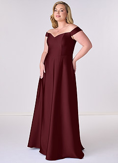 Barbie ♥ Azazie Robes de demoiselle d'honneur Robe Trapèze Convertible en Satin extensible Épaule décolletée Cabernet image9