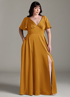 Azazie Kimber Bridesmaid Dresses Butterscotch A-Line Ruched Stretch Satin Dress image9