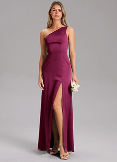 Azazie Phaedra Bridesmaid Dresses Red Plum A-Line One Shoulder Stretch Satin Dress image3