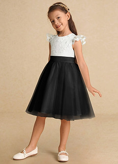 Azazie Vetty Flower Girl Dresses Ivory Black A-Line Lace Tulle Dress image3