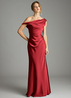 Azazie Emerson Bridesmaid Dresses Scarlet Mermaid Off the Shoulder Stretch Satin Dress image1
