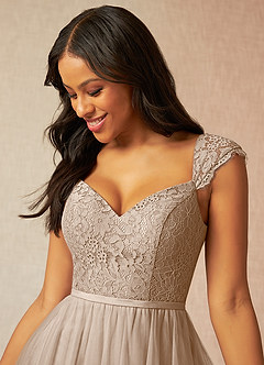 Azazie Luxi Bridesmaid Dresses Taupe A-Line Pleated Tulle Dress image4