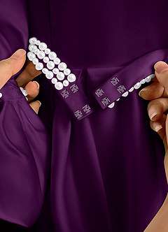 Azazie Gabriella Flower Girl Dresses Grape Ball-Gown with Sleeves Matte Satin Dress image7