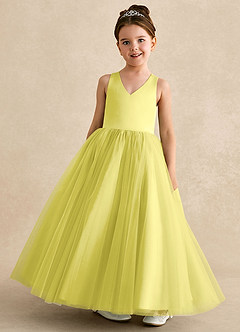 Azazie Peanut Flower Girl Dresses Canary A-Line Strap Tulle Dress image4