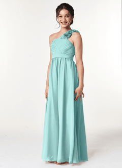 Azazie Flower Junior Robe Trapèze en Mousseline de soie Plissée Aqua image4