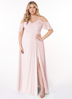 Azazie Dakota Robes de demoiselle d'honneur Robe Trapèze en Mousseline de soie Col V plissé Rose Pâle image6
