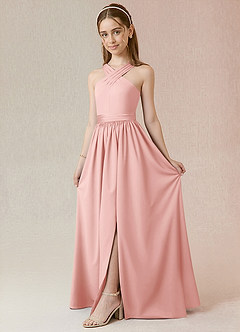 Azazie Jiya Junior Robe Trapèze en Satin extensible Plissée Rose Poudré image1