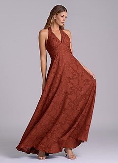 Azazie Tessie Brudtärnklänningar Klä av A-Linje i Blommig Utbrändhet Plisserad Terrakotta image5