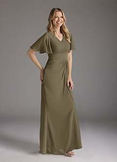 Azazie Morning Glory vestidos de madre de la novia Vestido de Verde Sauce de Gasa de Corte en A con Cuello en V fruncido image3