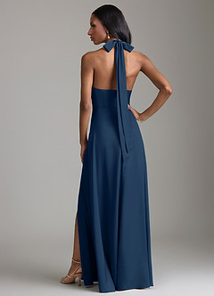 Azazie Tracie Bridesmaid Dresses Dark Navy A-Line Side Slit Stretch Satin Dress image2