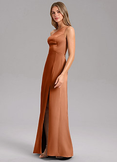 Azazie Feby Robes de demoiselle d'honneur Robe Trapèze en Satin extensible Ue épaule Cuivre image4