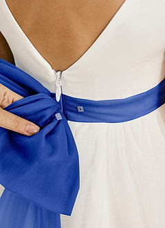 Azazie Kavi Flower Girl Dresses Ivory Royal Blue A-Line Bow Matte Satin Dress image6