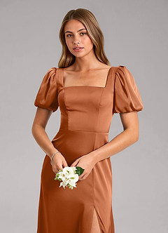 Azazie Fyona Bridesmaid Dresses Copper A-Line Pleated Stretch Satin Dress image6