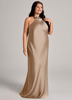 Azazie Velli Bridesmaid Dresses Taupe Mermaid High Neck Stretch Satin Dress image10