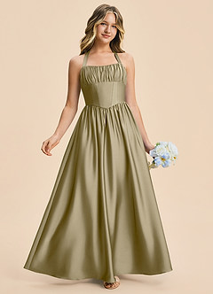 Azazie Kyrie Junior Moss Green A-Line Pleated Stretch Satin Dress image1