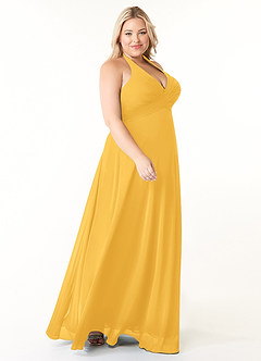 Azazie Tessie Bridesmaid Dresses Marigold A-Line V-Neck Pleated Chiffon Dress image8