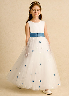 Azazie Cricket vestidos de niña de las flores Vestido de Marfil Azul Acero de Satin Mate de Princesa con Plisado image3