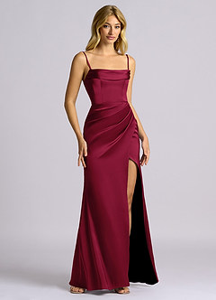 Azazie Auden Bridesmaid Dresses Burgundy Sheath Off the Shoulder Stretch Satin Convertible Dress image3