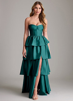 Azazie Faye Bridesmaid Dresses Peacock A-Line Ruched Stretch Satin Dress image1