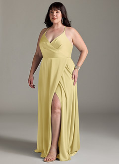 Azazie Davis Bridesmaid Dresses Lemon Sorbet A-Line Pleated Stretch Satin Dress image10