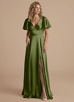 Azazie Kimber Bridesmaid Dresses Olive A-Line Ruched Metallic Satin Dress image5