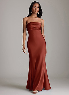Azazie Saylor Vestidos de damas de honor Vestido de Terracota de Satén Elástico de Corte Sirena con Sin tirantes image2