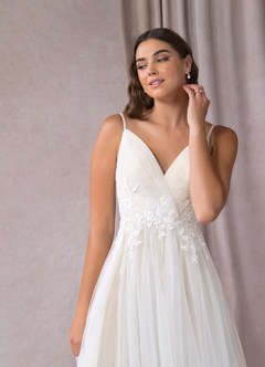 Azazie Liana Wedding Dresses A-Line V-Neck Sequins Tulle Tea-Length Dress image6