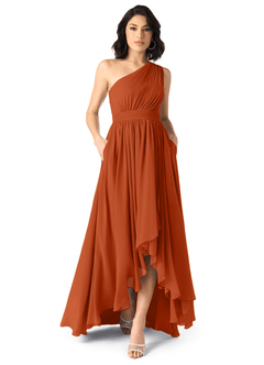 Azazie Mathilda Robes de demoiselle d'honneur Robe Trapèze en Mousseline de soie Ue épaule Orange Brûlée image1