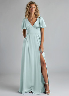 Azazie Kimber Bridesmaid Dresses Sea Glass A-Line Ruched Stretch Satin Dress image1