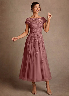 Azazie Jolanda 신부의 어머니 드레스 A라인 레이스 티 길이 드레스 image3