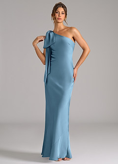 Azazie Capri Bridesmaid Dresses Steel Blue Mermaid One Shoulder Stretch Satin Dress image3