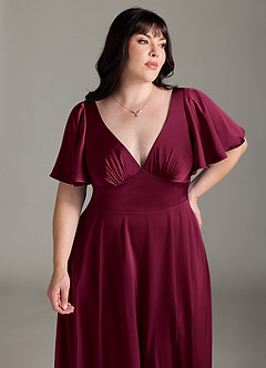 Azazie Kimber Bridesmaid Dresses Burgundy A-Line Ruched Stretch Satin Dress image11