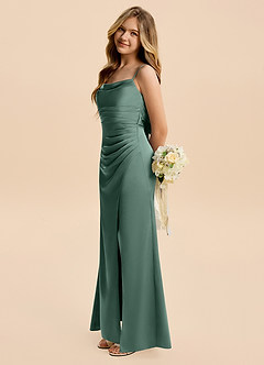 Azazie Minnie Junior Eucalyptus Sheath Ruched Stretch Satin Dress image3