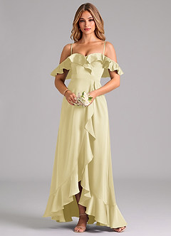 Azazie Lyra Robes de demoiselle d'honneur Robe Trapèze Convertible en Satin extensible Épaule décolletée Sorbet Citron image5