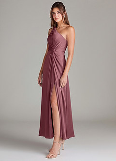 Azazie Brooke Robes de demoiselle d'honneur Robe Trapèze en Satin extensible Asymétrique Rose Du Désert image5