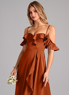 Azazie Lyra Bridesmaid Dresses Burnt Orange A-Line Off the Shoulder Stretch Satin Convertible Dress image7