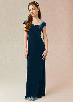 Azazie Gabi Junior Blue Topaz A-Line Velvet Dress image1